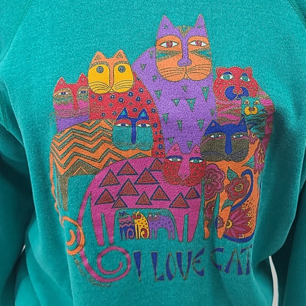 Vintage Laurel Burch I LOVE CATS! Sweatshirt teal green large hanes - Picture 7 of 16